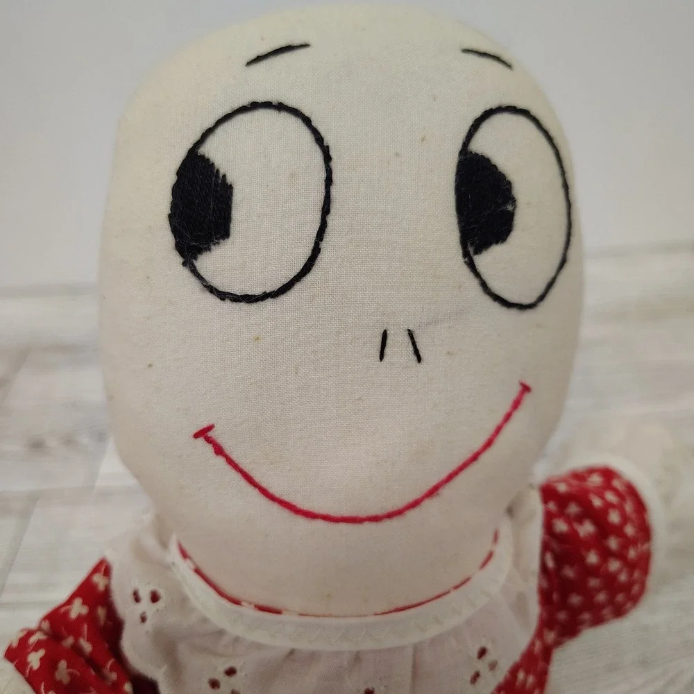 Vintage Handmade Rag Doll Red White‎ Dress 1982 Folk Art 12